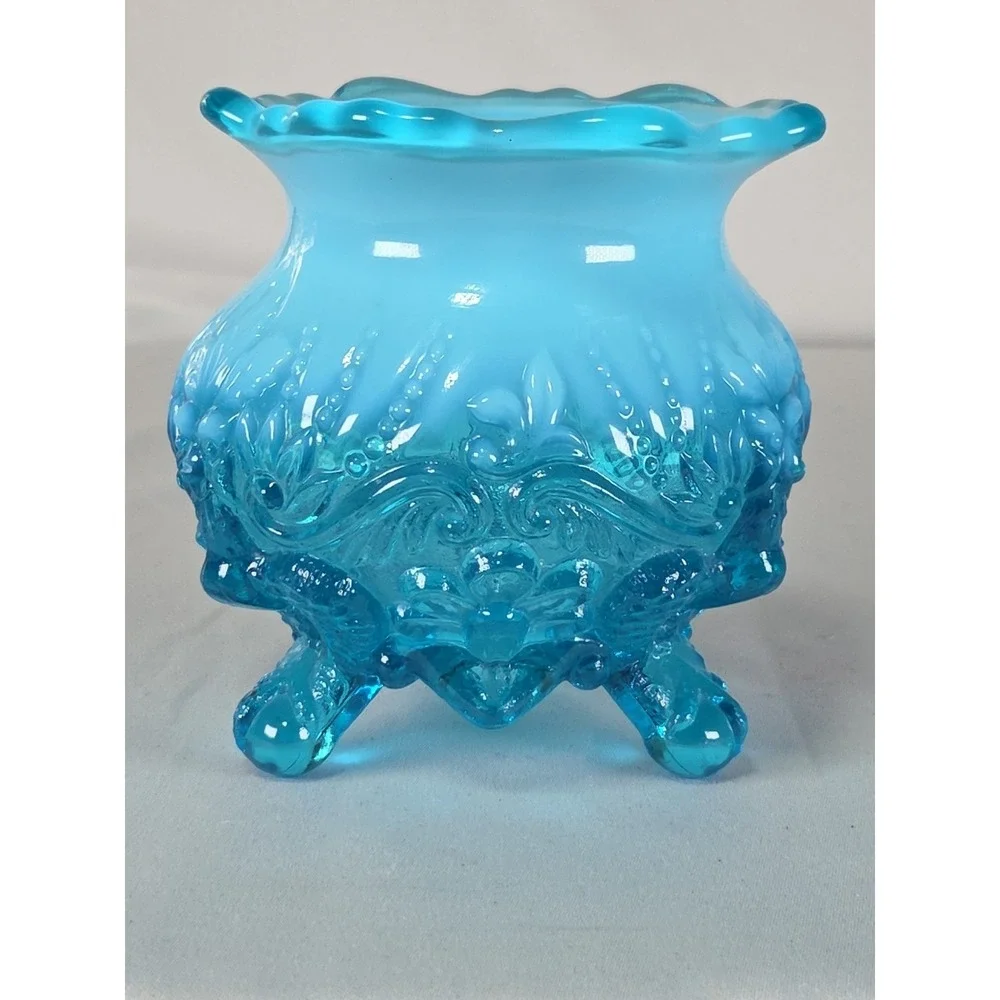 VTG Sowerby Blue Opalescent Piasa‎ Bird Rose Glass Bowl 4.5 Inches Tall.